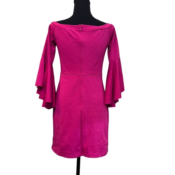 She + Sky Sheath Long Bell Sleeve Medium Fuchsia Business Special Occasion Dress - Picture 3 of 7